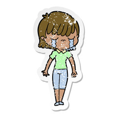 distressed sticker of a cartoon woman crying