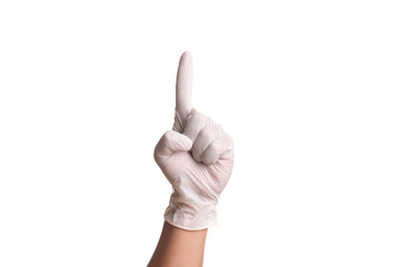 Doctor hand in white latex sterile gloves isolated on white