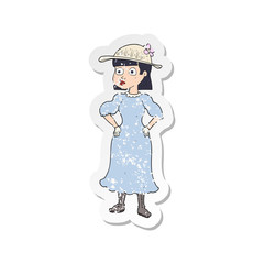 retro distressed sticker of a cartoon woman in sensible dress