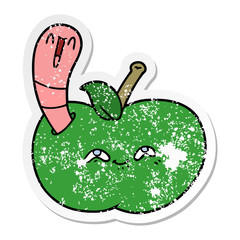 distressed sticker of a cartoon worm in happy apple