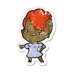 distressed sticker of a cute cartoon girl with hipster haircut