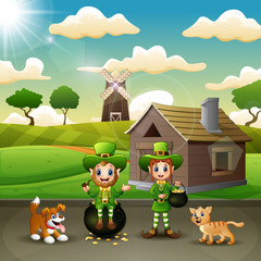 Happy leprechaun with a pot of gold on the farm landscape