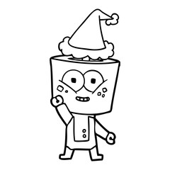 happy line drawing of a robot waving hello wearing santa hat
