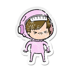 distressed sticker of a angry cartoon space girl