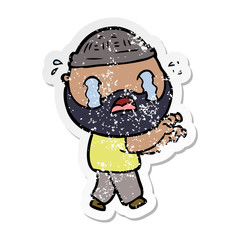 distressed sticker of a cartoon bearded man crying