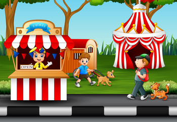 Happy people having fun in an amusement park