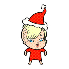 comic book style illustration of a surprised girl wearing santa hat