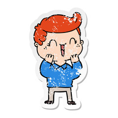distressed sticker of a cartoon laughing boy