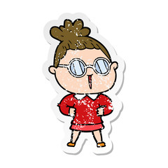 distressed sticker of a cartoon woman wearing spectacles