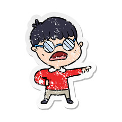 distressed sticker of a cartoon pointing boy wearing spectacles