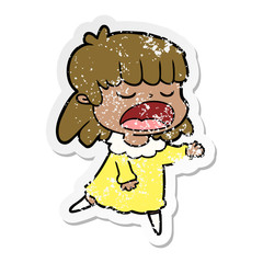 distressed sticker of a cartoon woman talking loudly