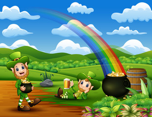Happy St Patrick day leprechaun celebrate with a pot of gold and a beer