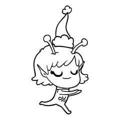 smiling alien girl line drawing of a running wearing santa hat