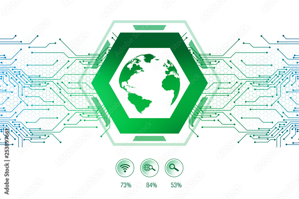 Poster globe in white background filled with colorful patterns and circuit board. illustration of technolog