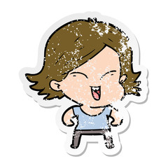 distressed sticker of a happy cartoon girl