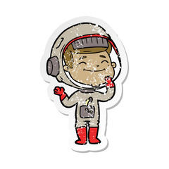 distressed sticker of a happy cartoon astronaut