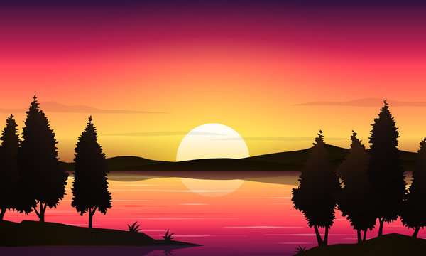 Beautiful sunset lake landscape background
