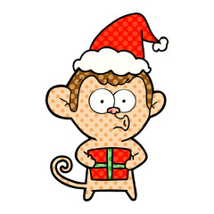 comic book style illustration of a christmas monkey wearing santa hat