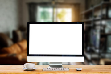 workspace with desktop computer, office supplies, houseplant and coffee cup at office. desk work concept.