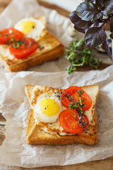 Sandwich with fried egg, tomato and fried cheese.