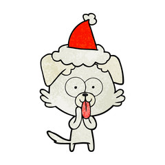 textured cartoon of a dog with tongue sticking out wearing santa hat