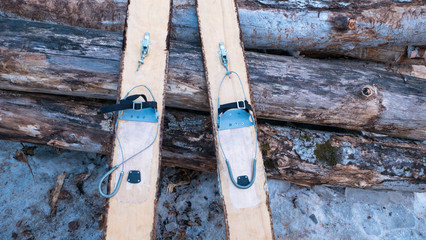 hunting wooden skis closeup.