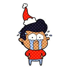 comic book style illustration of a crying man wearing santa hat