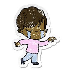 distressed sticker of a cartoon woman crying
