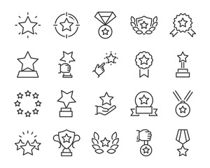 set of award line icons, such as star, champion, prize, achievement, winner, trophy, glory, certificate