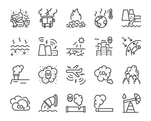set of air pollution icons, such as, smoke, dust, gas, industry, pm 2.5