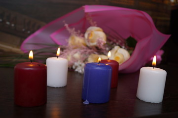 Bouquet of flowers, flowers, candles, romance, March 8, evening, candlelight dinner, smoke