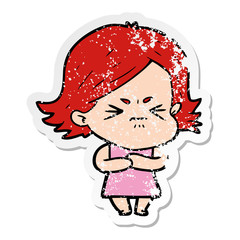 distressed sticker of a cartoon angry girl