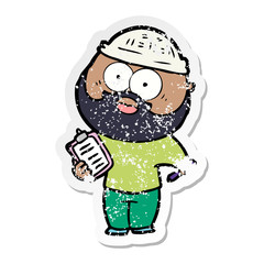 distressed sticker of a cartoon bearded man with clipboard and pen