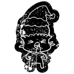 weird cartoon distressed icon of a alien wearing santa hat