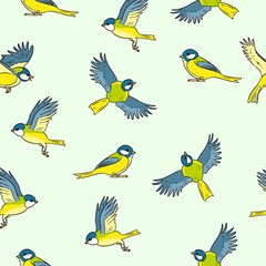 Fototapeta premium Comic style titmouse spring birds colorful seamless pattern