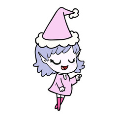 happy line drawing of a elf girl pointing wearing santa hat