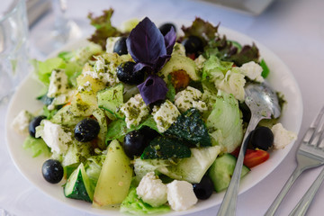 Fresh salad with mozzarella and vegetables in a white plate.
