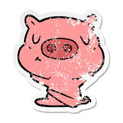 distressed sticker of a cartoon content pig
