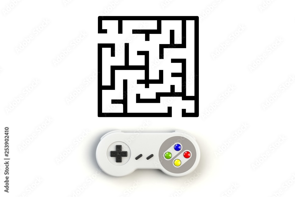 Wall mural video game console gamepad. gaming concept. top view retro joystick with maze isolated on white back