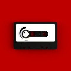 Close up of vintage audio tape cassette with volume knob concept illustration on red background, Top view with copy space, 3d rendering