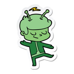sticker of a friendly cartoon spaceman dancing