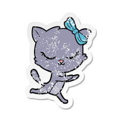 distressed sticker of a cute cartoon cat with bow