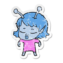 distressed sticker of a cute alien girl cartoon