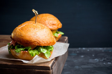 Tasty burger with fresh buns, meat and salad. Selective focus.