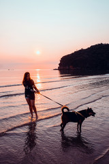 Woman and dog on beach at sunrise