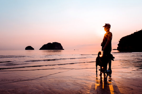 Senior Woman And Dog On Beach At Sunrise