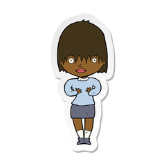 sticker of a cartoon woman making Who Me gesture