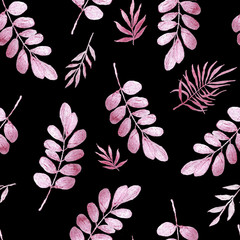 Tropical pink shiny leaves, painted in watercolor.  Seamless pattern with pink shiny tropical...