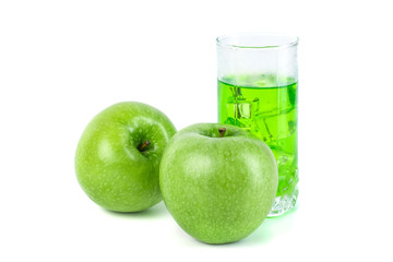 Green apple and cocktail with ice isolated on white background