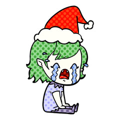 comic book style illustration of a crying vampire girl wearing santa hat